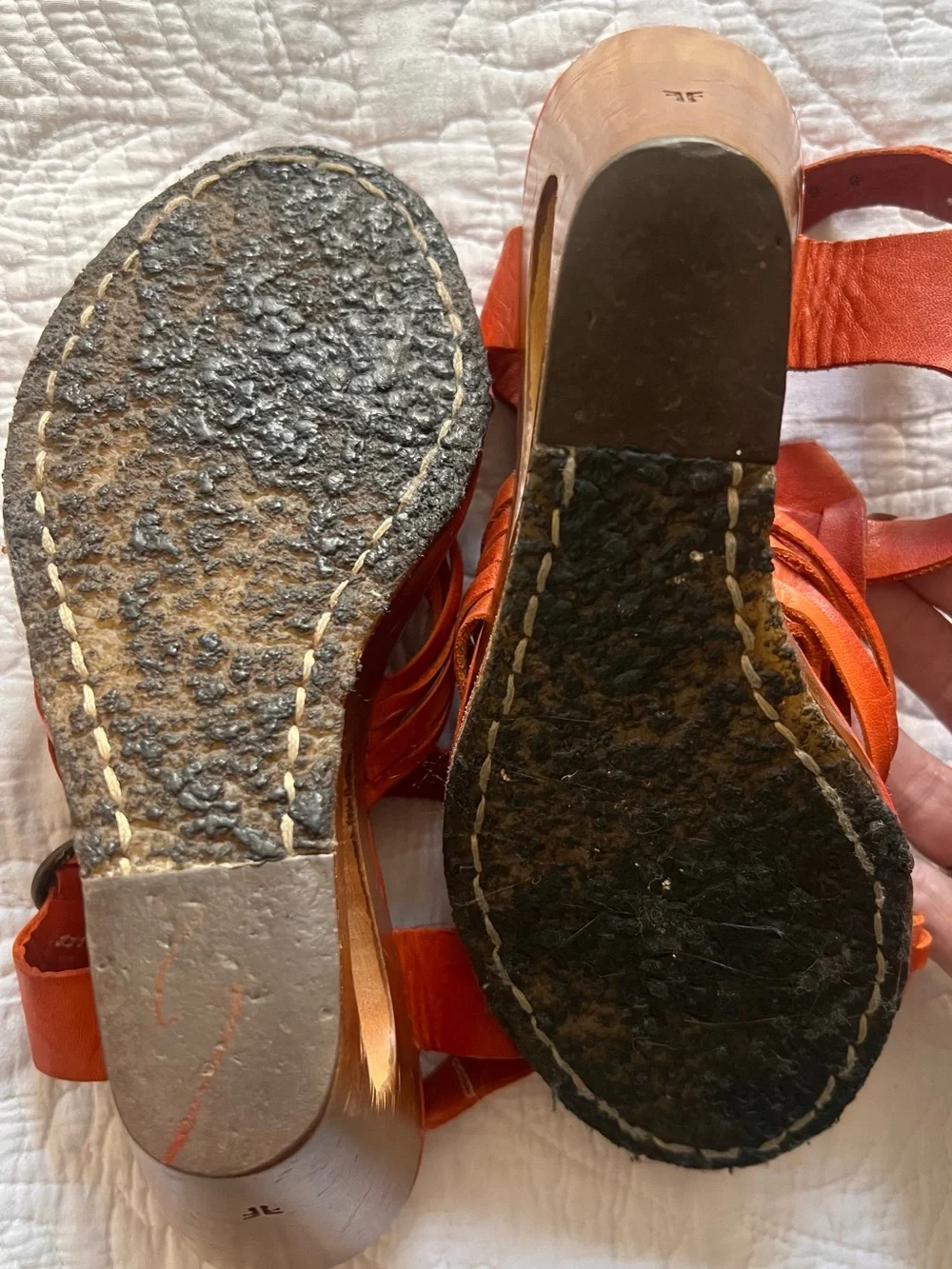 Frye Gabriella Orange Leather Wooden Wedge Sandals - Size 8